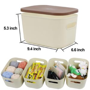 6Pcs Small Storage Bins with Lids, Stackable Plastic Organizer Bin Storage Containers for Organizing, Shelf Baskets for Pantry Cabinet Shelves Desktop Freezer Drawer Organization (Beige, Small)