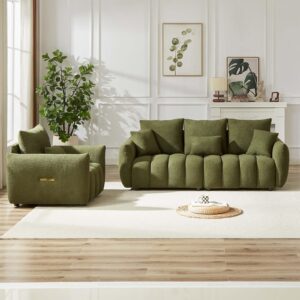 Antetek Teddy Sofa Set for Living Room, Modern Deep Seat Sofa Chair and Oversized 3-Seater Cloud Boucle Couch for Bedroom, Office, Apartment, Furniture Set, Green (2 Piece)