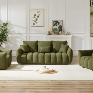 Antetek Teddy Sofa Set for Living Room, Modern Deep Seat Sofa Chair and Oversized 3-Seater Cloud Boucle Couch for Bedroom, Office, Apartment, Furniture Set, Green (2 Piece)