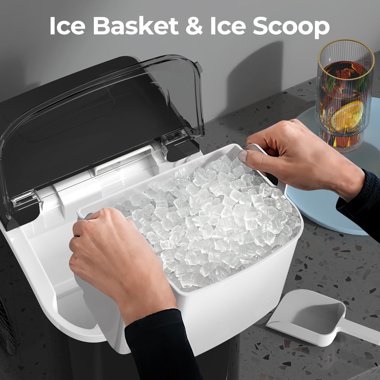 Nugget Ice Makers Countertop with Soft Chewable Pellet Ice, 7 Mins Ice Making, 35.5Lbs/24Hrs, Pebble Ice Maker Machine with Self-Cleaning/Ice Basket/Ice Scoop for Home/Office/Bar, Black