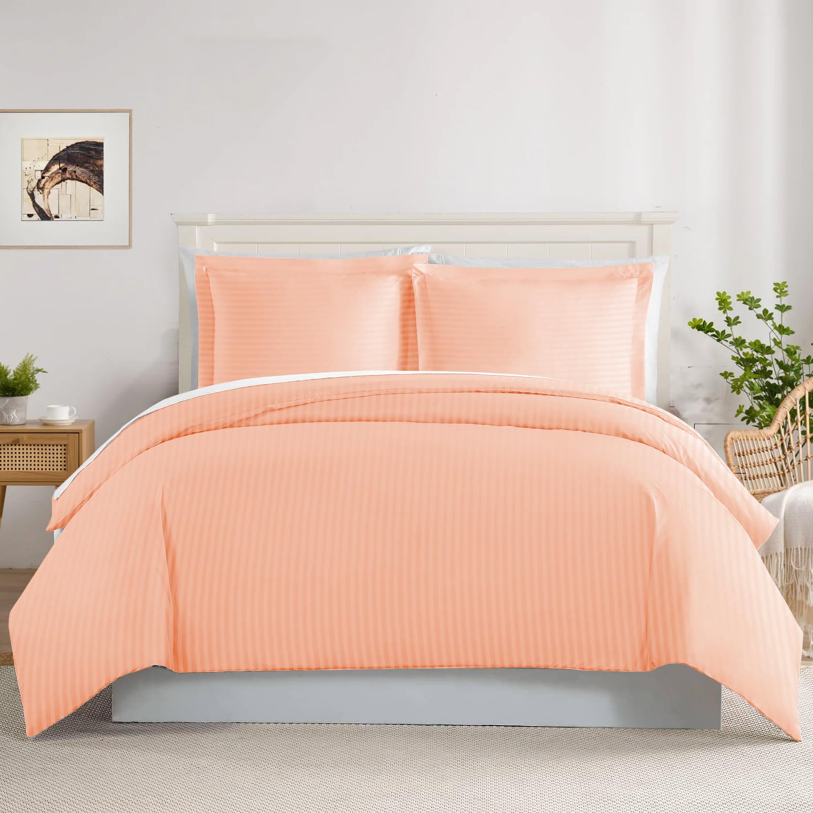 King/Cal-King (90x110) Duvet Cover 400 Thread Count Egyptian Cotton Soft 3-PCs Duvet Cover Set - All Season Comforter Cover with Button Closure & Corner Ties (Stripe, Peach)