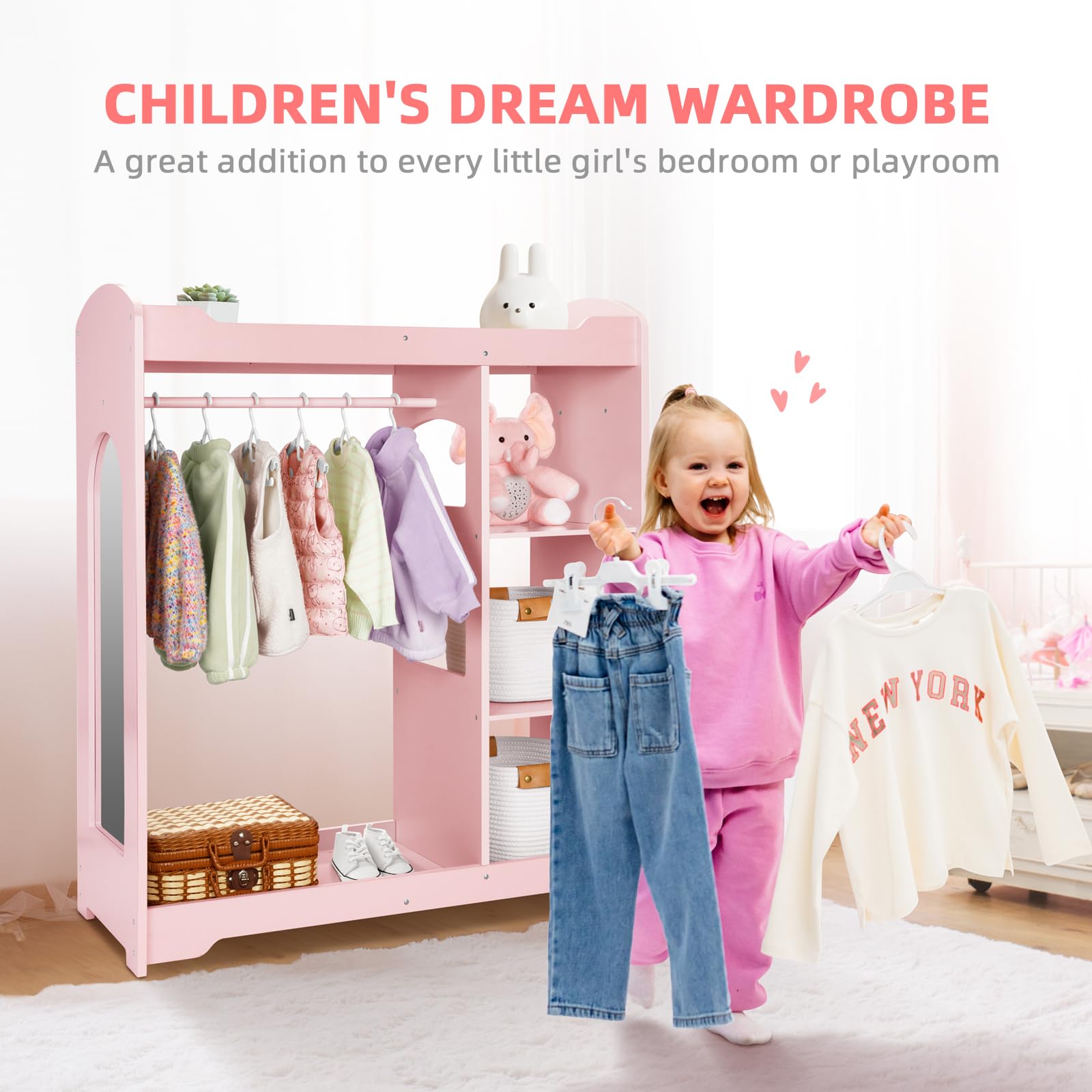 OOOK Kids Clothing Rack and Armoire with Mirror, Appropriate Height Kids Dress up Storage with Anti-tip Device, Helping Children Manage Own Clothes, Nice Dressers for Kids Room, Nursery