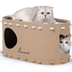 hervimo cat beds for indoor cats, 2 in 1 large cat house, foldable cat tunnel enclosed bed, scratch resistant cat bed cave for large cats up to 25lbs & multiple small cats, dark camel