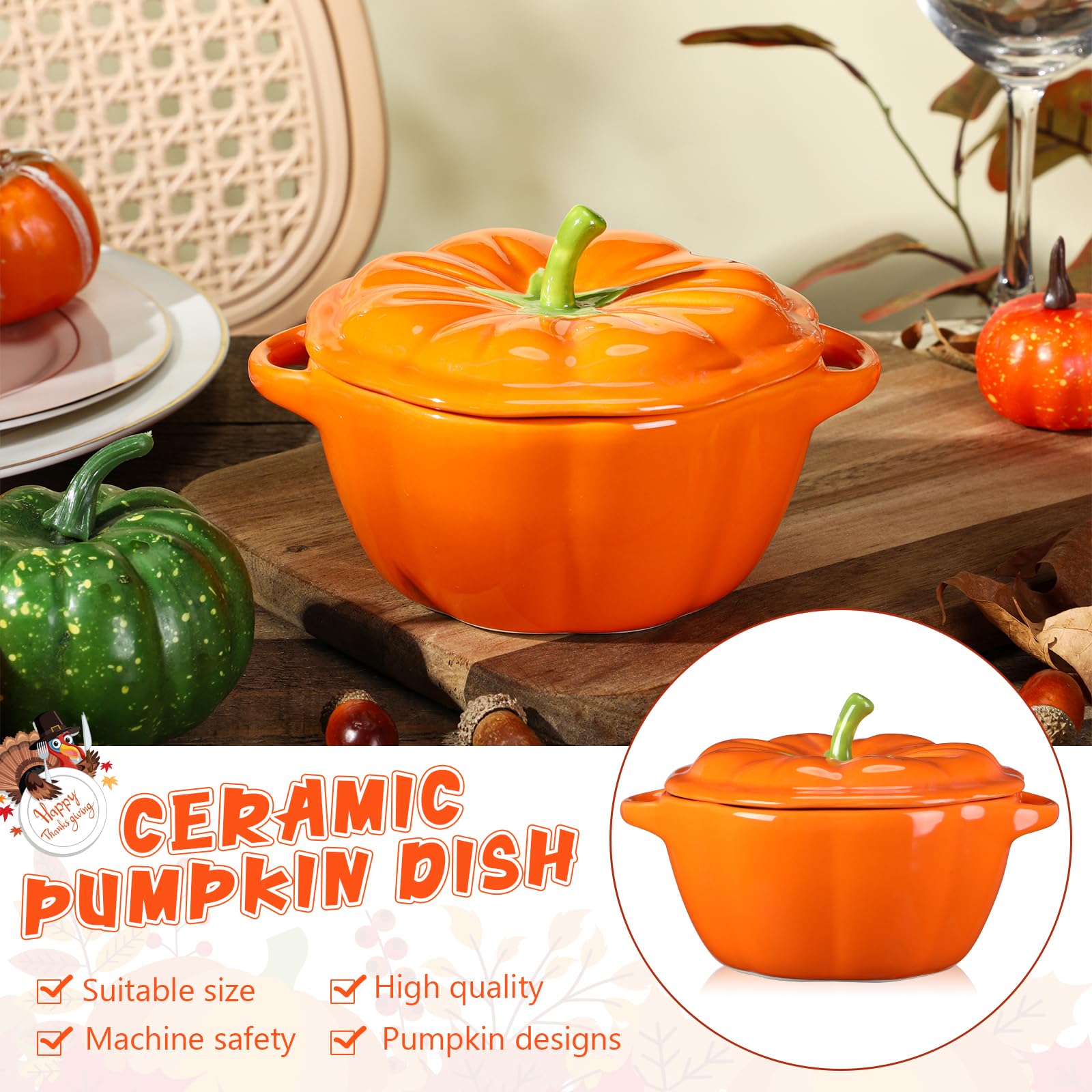 Ziliny 2 Pcs Pumpkin Bowls Ceramic Pumpkin Dish 13 oz Casserole Cookware Serving Pot Pumpkin Safe Oven Pot with Lid and Handle for Fall Halloween Thanksgiving Autumn Cooking Baking Dessert