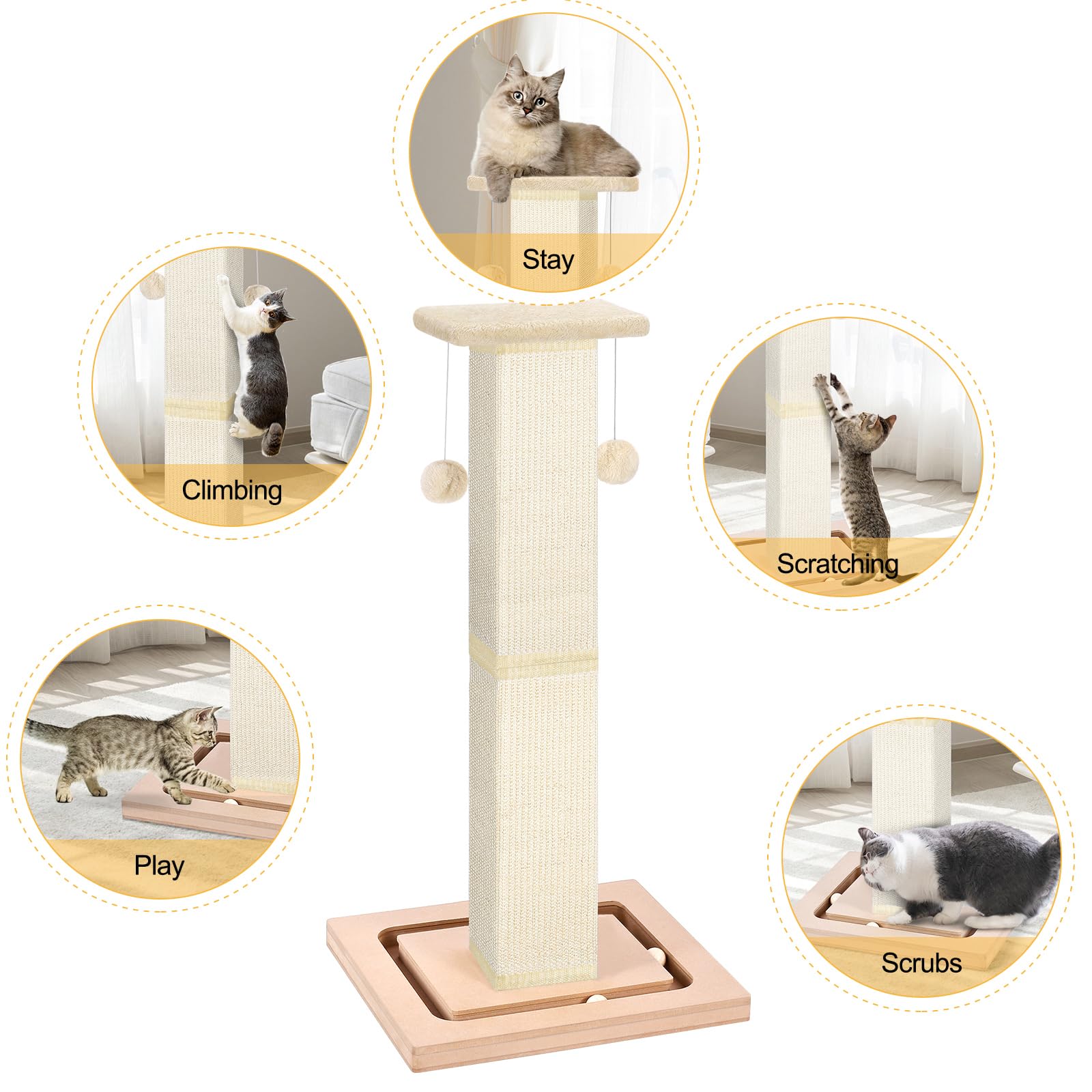 HelpCat Cat Scratching Post, 33" Tall Cat Scratching Post, Heavy Duty Cat Scratching Post with Ball Track and Hanging Ball, Scratching Posts for Indoor Cats Adults