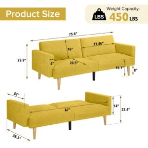 Tilly Lin Multi-Functional Futon Sofa Bed :Tapered Wood Legs - Ideal for Small Living Rooms - Multi-Color Fabric Options - Easily Converts to Single Bed, Yellow