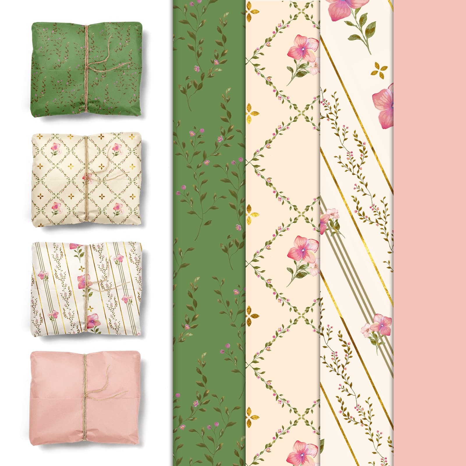 NICROHOME EUR 24 Sheets Sage Green Tissue Paper, Pink Small Gifts Floral Tissue Wrapping Paper for Christmas Crafts, Flower Bouquet Wrap, Wedding, Bridal Shower Gifts Bags (15 X 20 Inch)