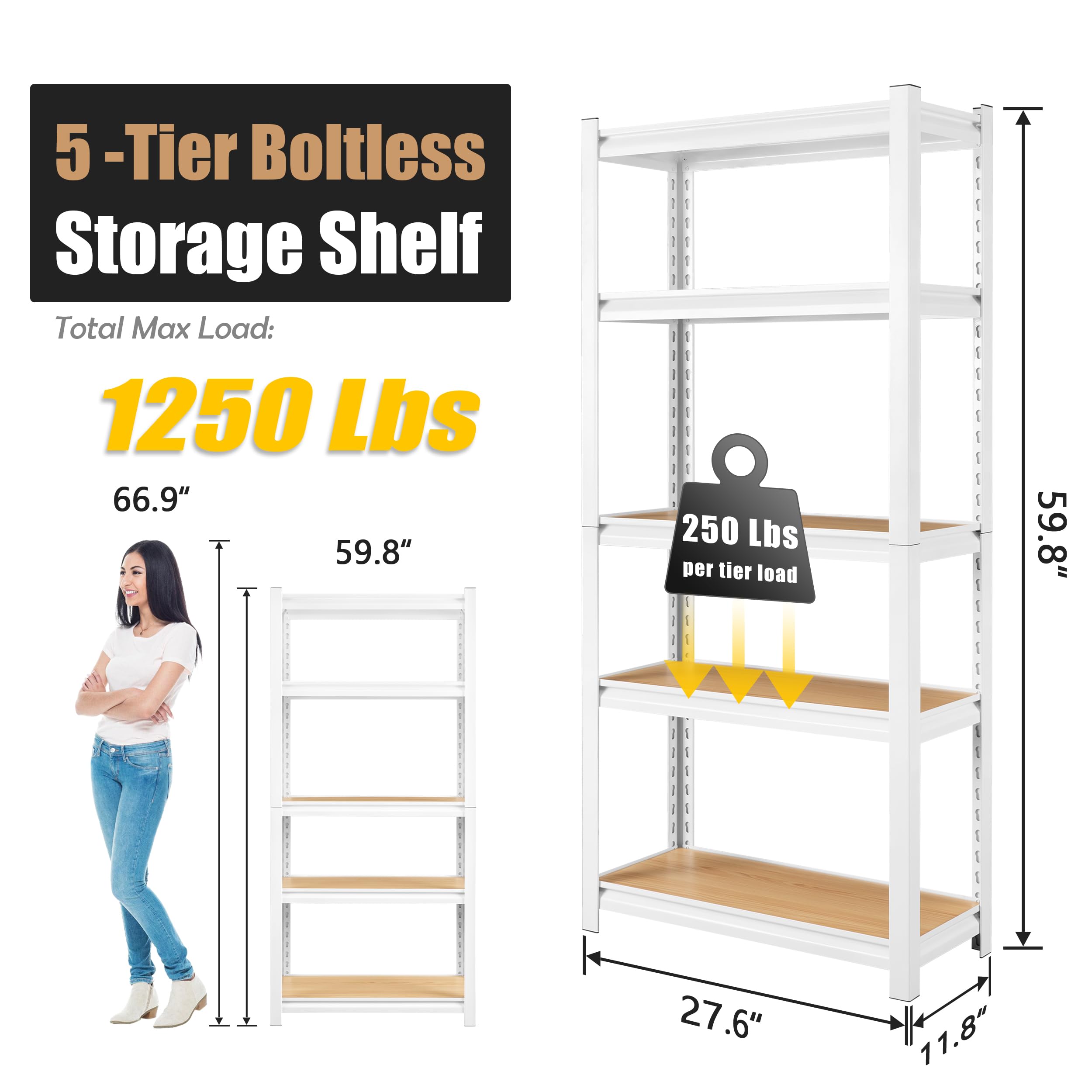 PrimeZone 27.6" W x 11.8" D x 59.8" H 5-Tier Adjustable Book Shelf - Modern Standing Open Bookshelf, Display Bookcase Storage Shelves Organizer for Living Room, Bedroom, Sturdy, Office, White