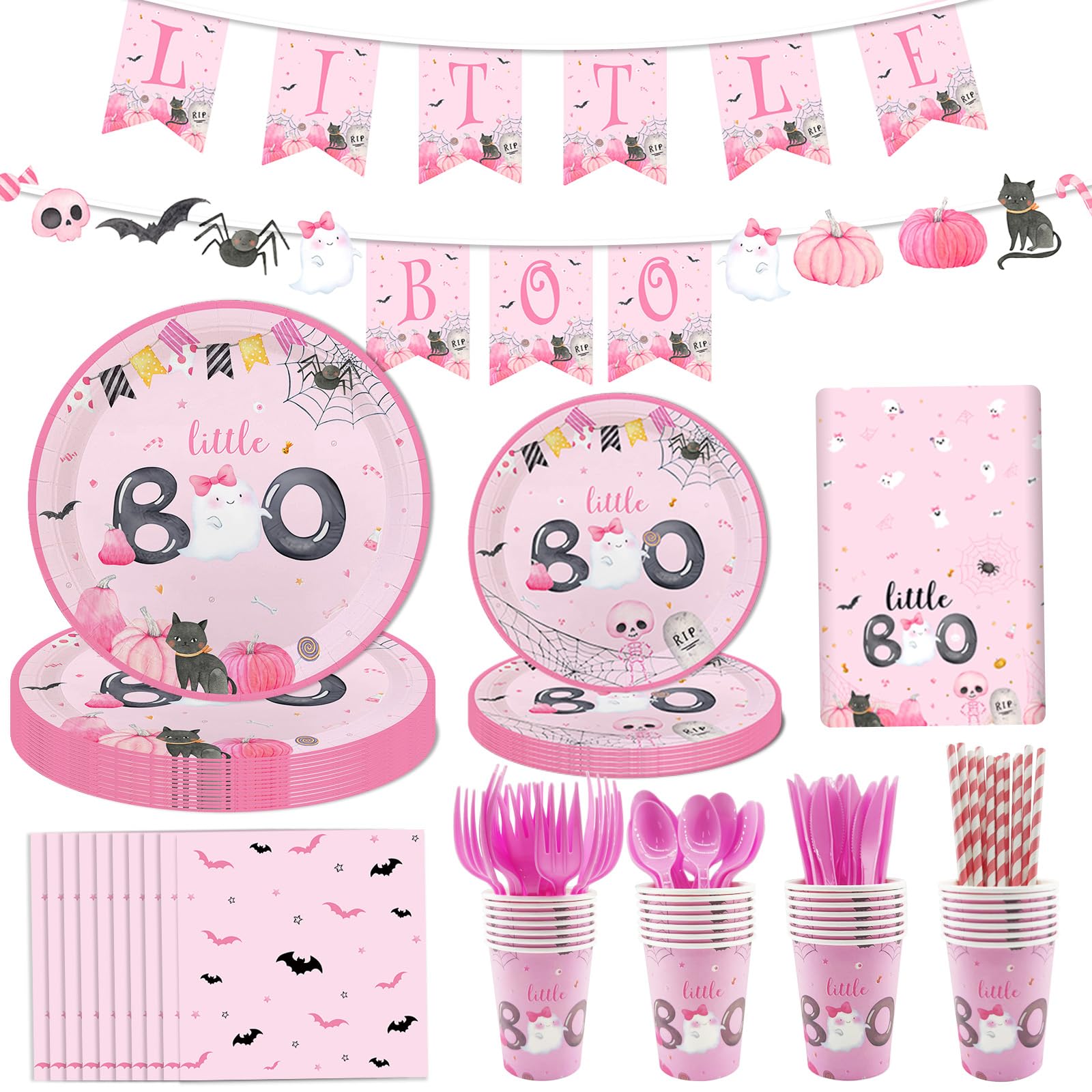 MEHOFOND Little Boo Baby Shower Decorations for Girl, Halloween Tableware set 194Pcs, Halloween Plates and Napkins for Baby Shower, Little Boo Birthday Banner, Halloween Party Supplies , Serves 24