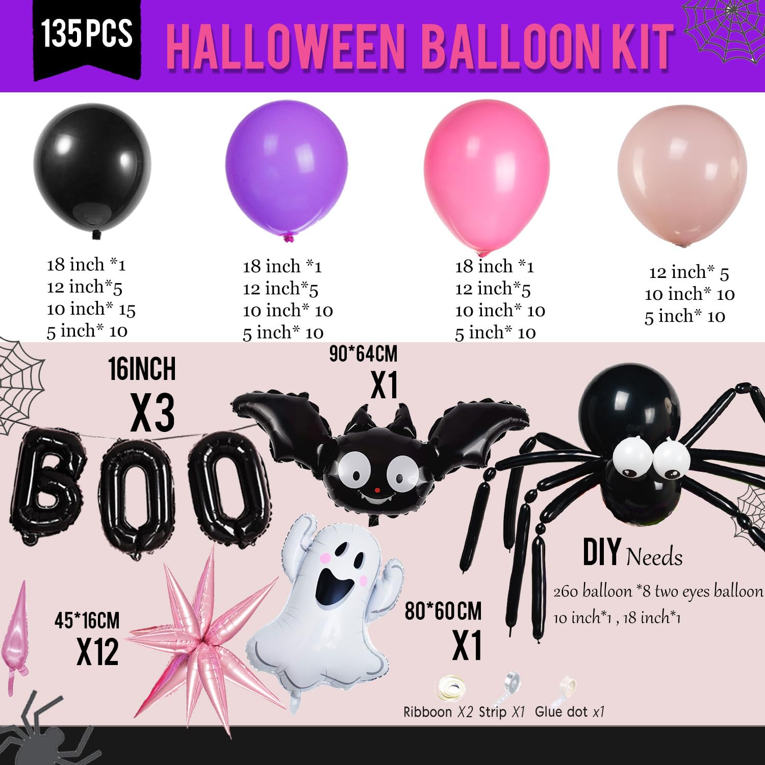 Pink Purple black Halloween balloon garland arch kit 130+pcs with BOO ghost bat DIY Spider mylar balloon for Halloween theme spooky one birthday Party & fall girl baby shower party decorations