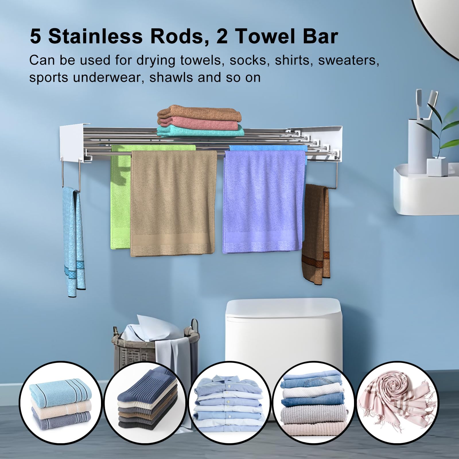 Gorblos Wall Mounted Drying Rack, Foldable Laundry Rack, Collapsible Drying Rack, 5 Stainless Rods, Wall Mounted Clothing Rod with 2 Towel Bar, 90 lb Capacity, 31.5" White