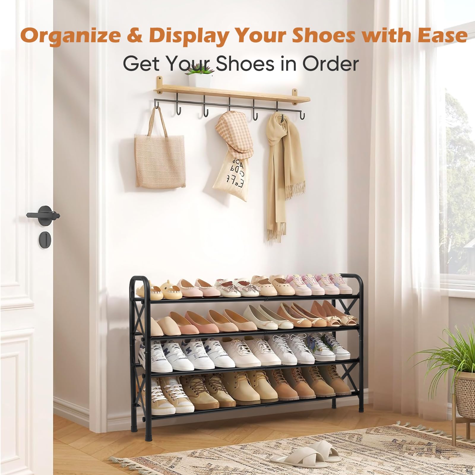 4-Tier Expandable Shoe Rack, Adjustable Metal Shoe Rack for Front Door Metal Black Free Standing Shoe Storage Organizer for Small Space Entryway Garage Hallway Bedroom Easy to Assemble, Black