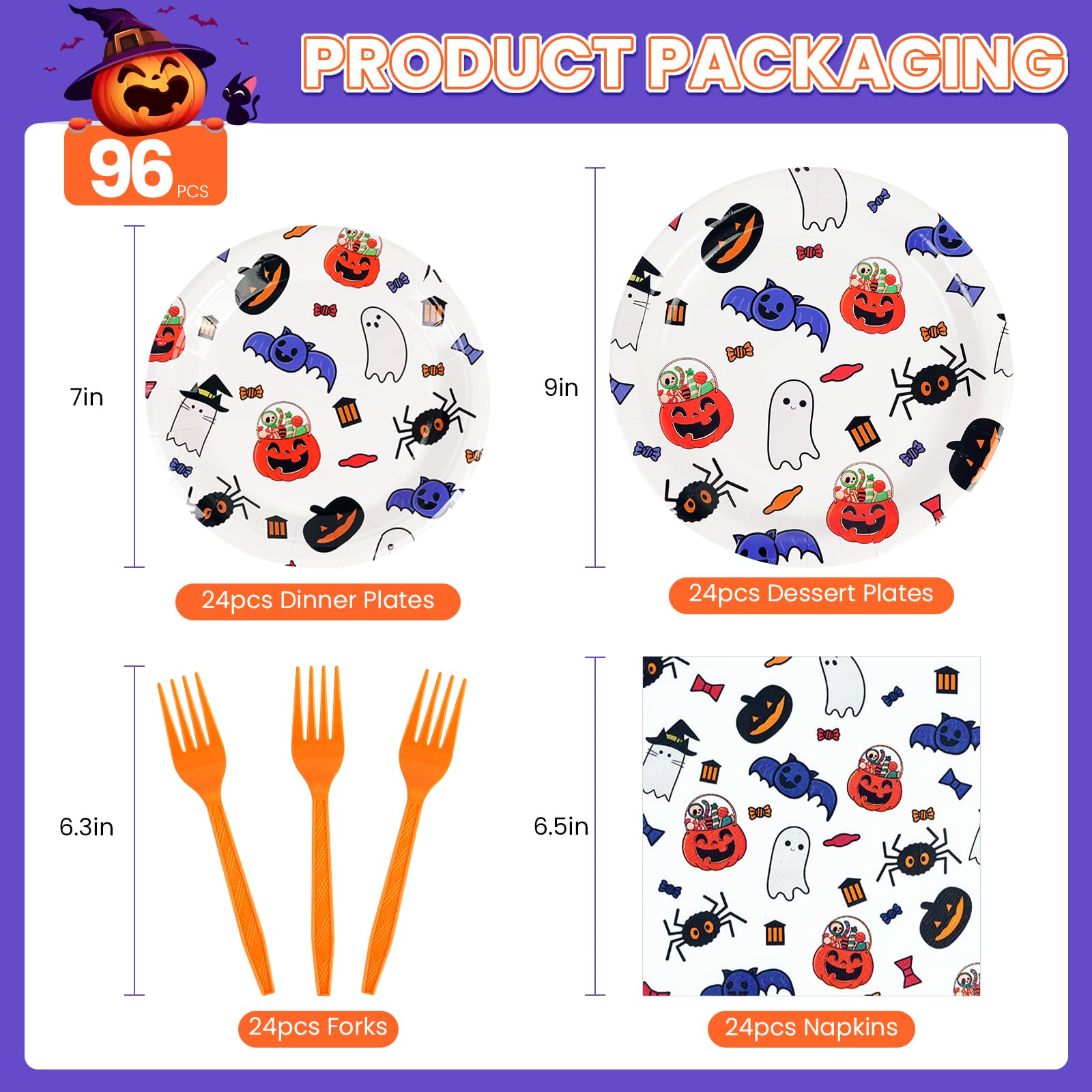 96PCS Happy Halloween Paper Plates and Napkins Set, Halloween Theme Party Decorations Set Include Paper Plates, Napkins, Forks Disposable Tableware Supplies for Kids Halloween Party, Serves 24