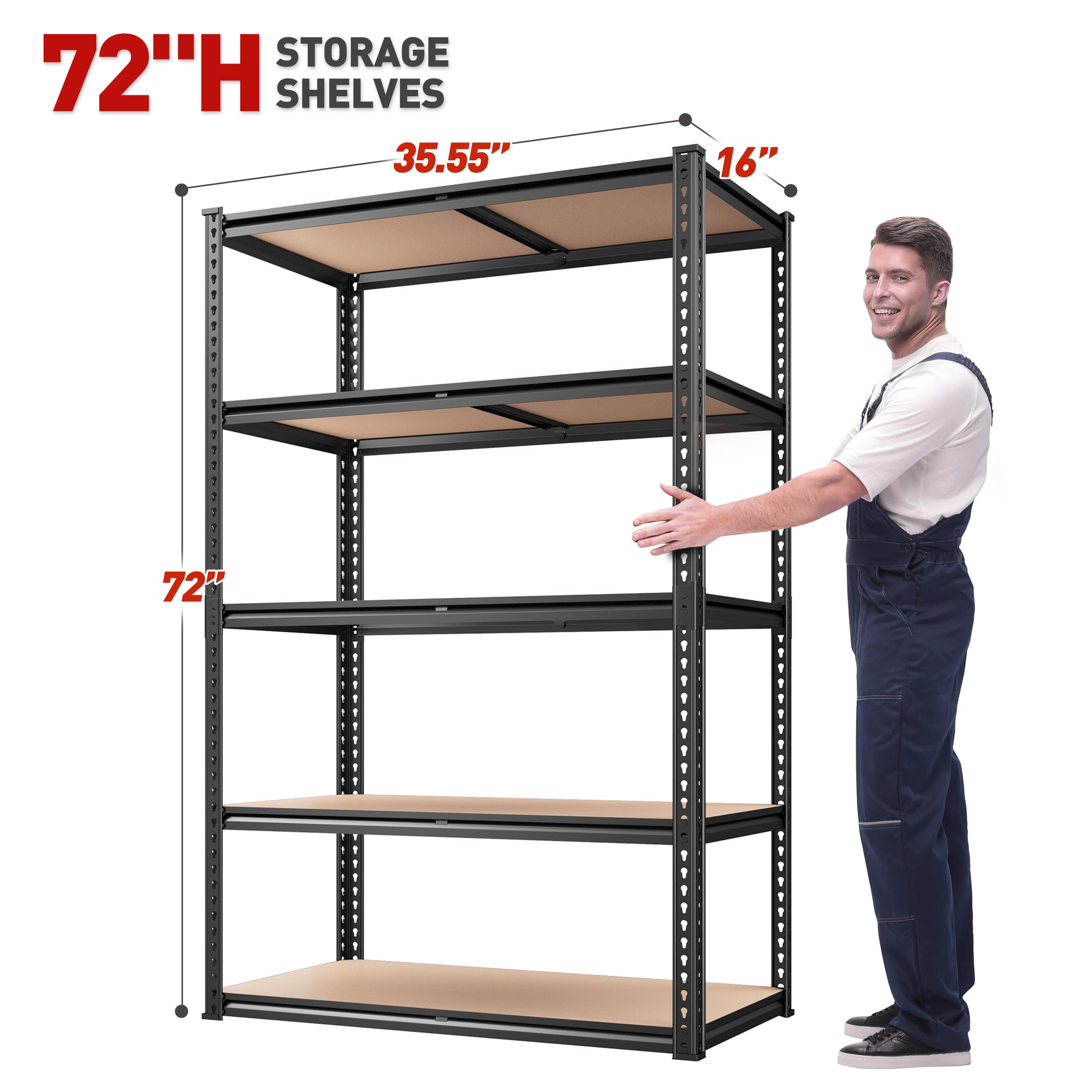 REIBII 2020LBS Storage Shelves 5 Tier Garage Shelving Heavy Duty 72" H x 35.55" W x 16" D Adjustable Metal Shelving Unit for Garage Shelves Utility Rack Shelf for Basement Pantry Closet Shelves,Black