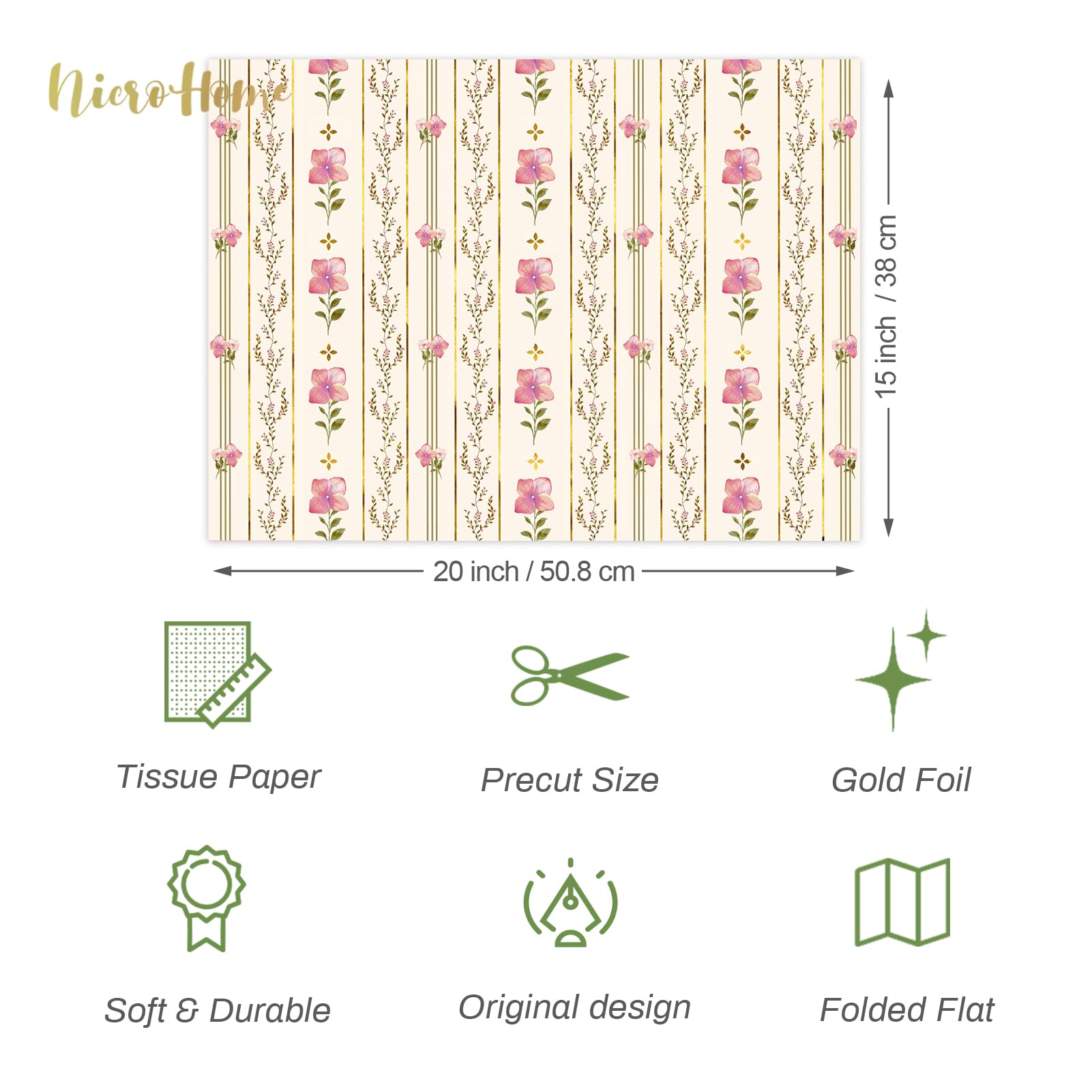 NICROHOME EUR 24 Sheets Sage Green Tissue Paper, Pink Small Gifts Floral Tissue Wrapping Paper for Christmas Crafts, Flower Bouquet Wrap, Wedding, Bridal Shower Gifts Bags (15 X 20 Inch)