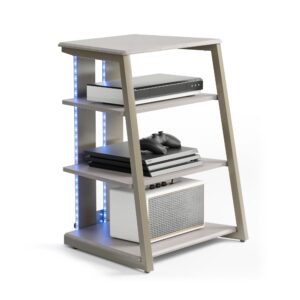 fitueyes design 4-tier av media stand with led lights, wooden stereo cabinet, audio rack tower with adjustable shelves, small av component entertainment stand, khaki