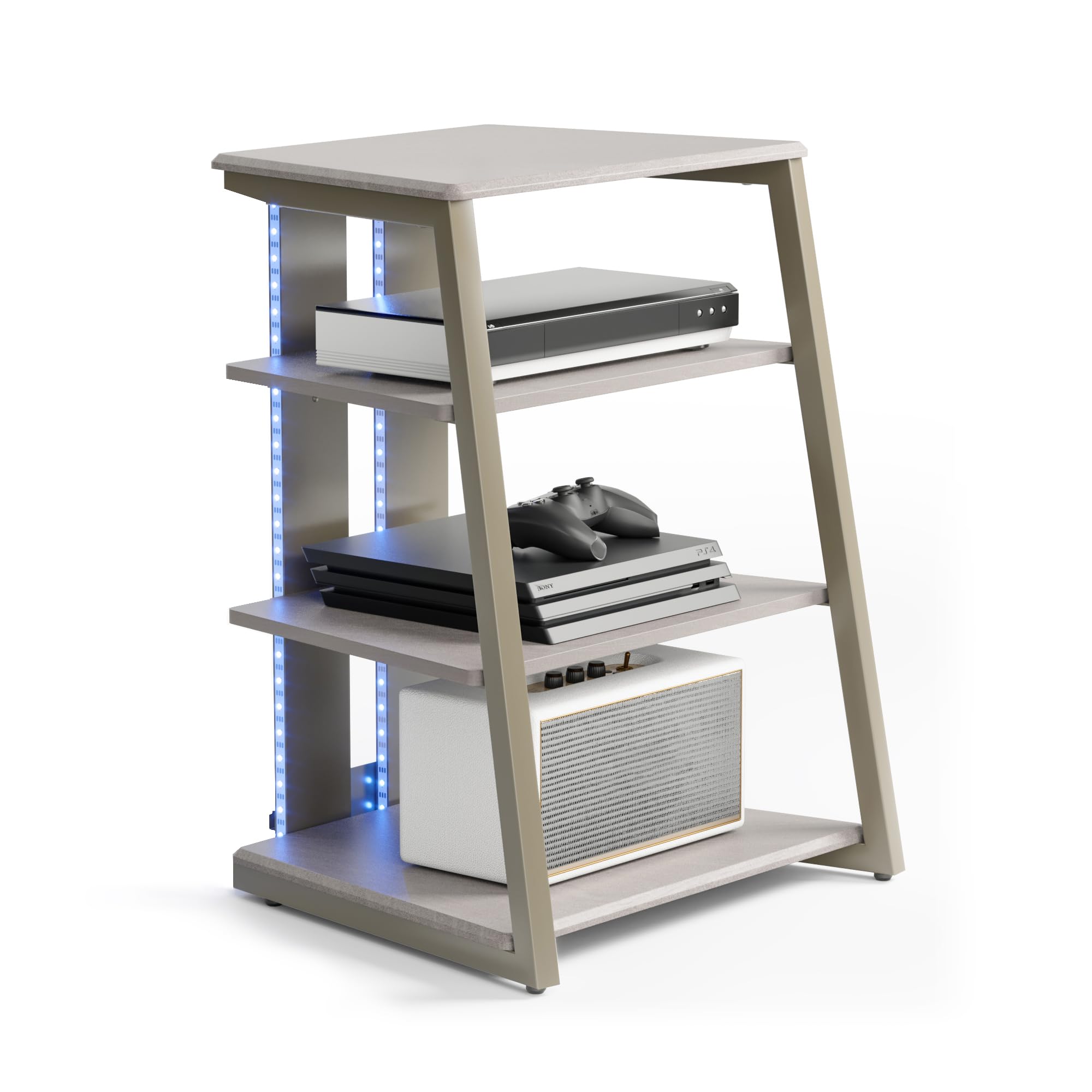 FITUEYES Design 4-Tier AV Media Stand with LED Lights, Wooden Stereo Cabinet, Audio Rack Tower with Adjustable Shelves, Small AV Component Entertainment Stand, Khaki