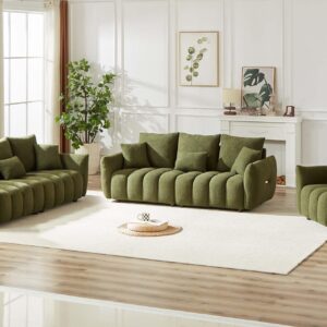 Antetek Teddy Sofa Set for Living Room, Modern Deep Seat Sofa Chair and Oversized 3-Seater Cloud Boucle Couch for Bedroom, Office, Apartment, Furniture Set, Green (2 Piece)