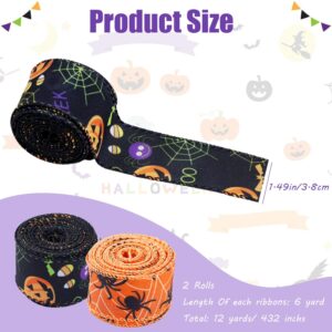 2 Rolls 12 Yards Halloween Wired Edge Ribbon Skull Pumpkin Ribbons Halloween Decorative Spider Web Printed Wrapping Ribbon for Halloween Party Home Wreath DIY Craft Floral Bow