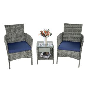 jrbiaoge patio conversation furniture 3-piece set pe rattan wicker chair with table suitable for patio, poolside, lawn and other outdoor occasions (grey+dark blue)