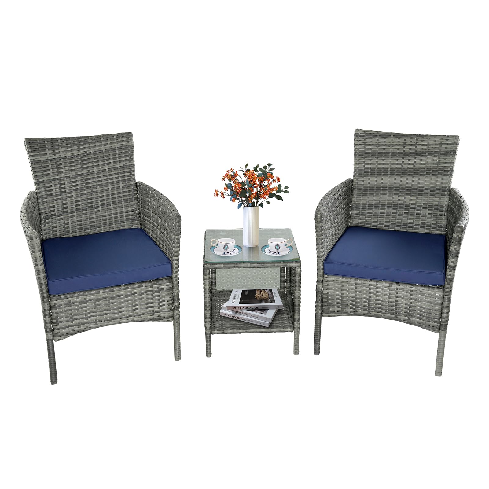 JRBIAOGE Patio Conversation Furniture 3-Piece Set PE Rattan Wicker Chair with Table Suitable for Patio, Poolside, Lawn and Other Outdoor Occasions (Grey+Dark Blue)