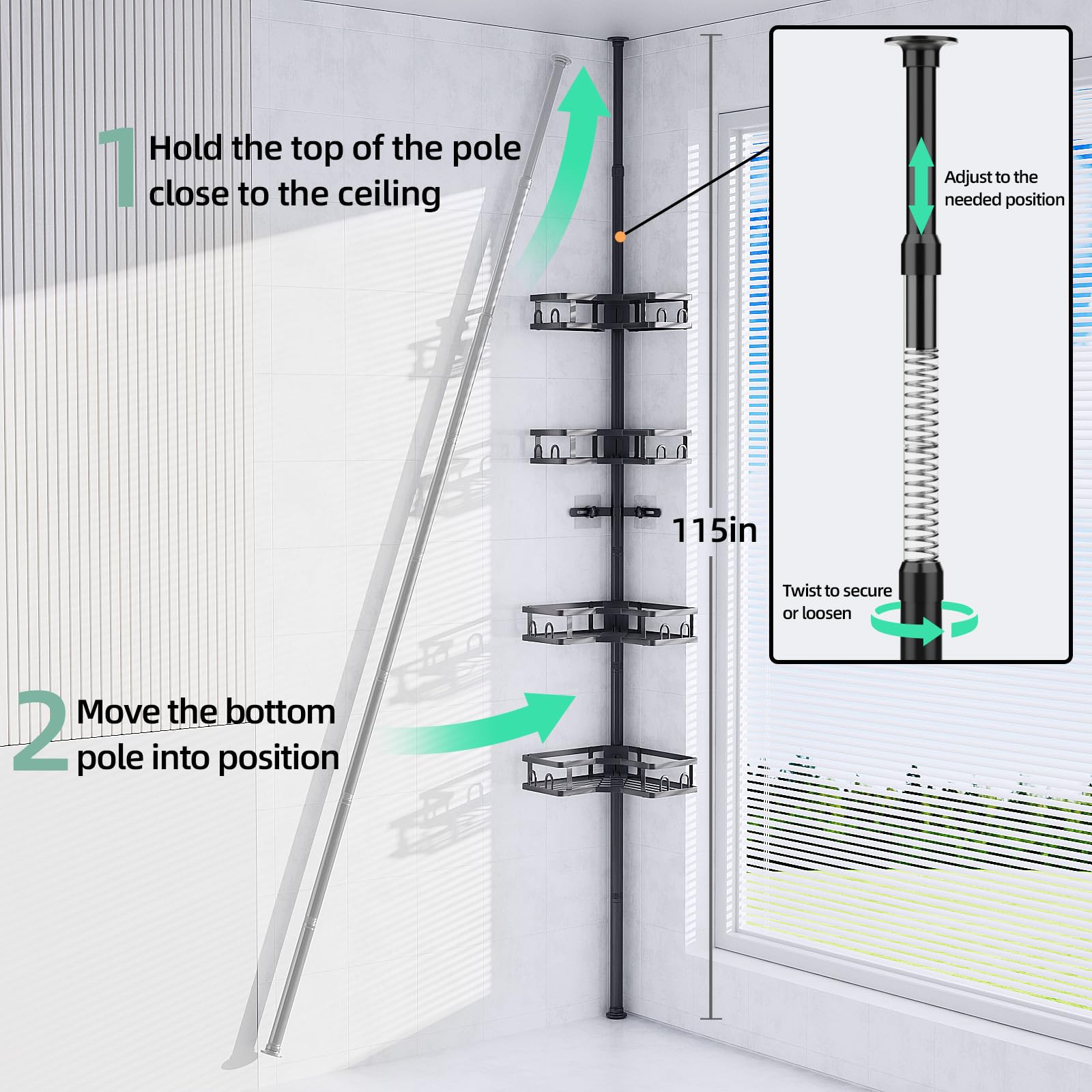 HEVEL Corner Shower Caddy Tension Pole, 4 Tier Adjustable Shower Organizer Corner 62-115 Inch, Rustproof Bathroom Corner Shower Shelves for Bathtub Storage