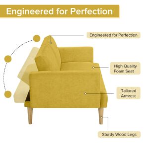 Tilly Lin Multi-Functional Futon Sofa Bed :Tapered Wood Legs - Ideal for Small Living Rooms - Multi-Color Fabric Options - Easily Converts to Single Bed, Yellow