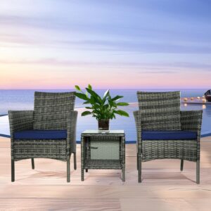 JRBIAOGE Patio Conversation Furniture 3-Piece Set PE Rattan Wicker Chair with Table Suitable for Patio, Poolside, Lawn and Other Outdoor Occasions (Grey+Dark Blue)