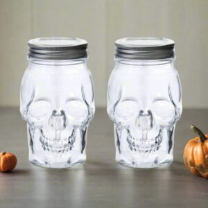 DURA LIVING Set of 2 Skull Mason Jar Glasses with Lids | 16oz Reusable Halloween Drinking Glasses | Unique Skull Décor, Storage, & Canning Jars for Parties & Gifts