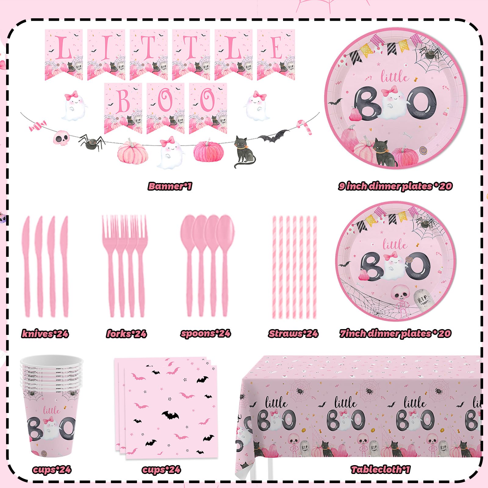 MEHOFOND Little Boo Baby Shower Decorations for Girl, Halloween Tableware set 194Pcs, Halloween Plates and Napkins for Baby Shower, Little Boo Birthday Banner, Halloween Party Supplies , Serves 24