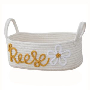 custom baby name clothes baskets,personalized cute woven diaper basket for newborn,cotton round organizer (white)