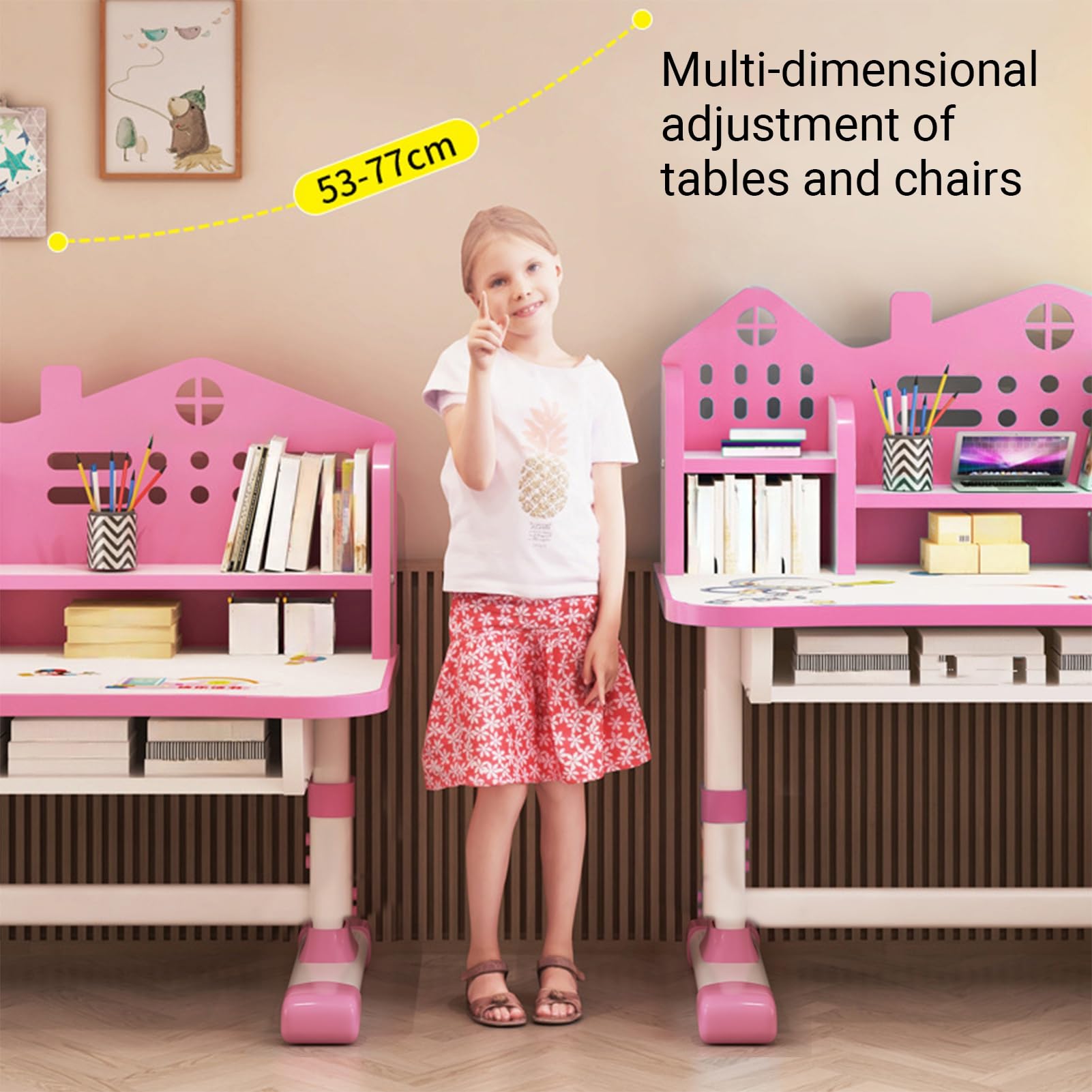 Ehozirta 2Pcs/Set Kids Table and Chairs,Multi Bookstand Widened Desktop Desk and Chair Set, Girls Desk, Cartoon Pattern Kids Adjustable Height Study Drawer Table with Chair Set Pink