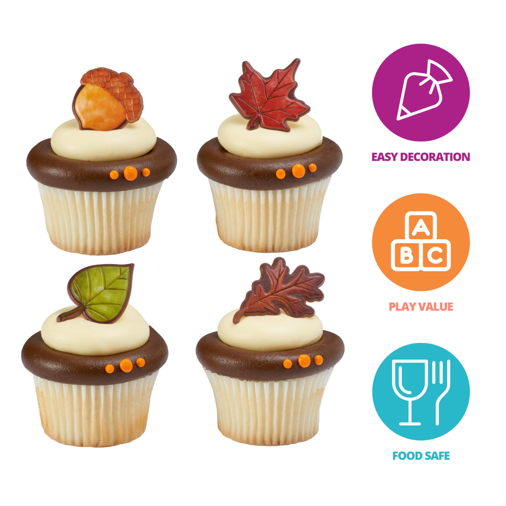 DecoPac Thankful For Fall Rings, Cupcake Decorations, Autumn Cupcake Toppers, Leaves & Acorns, Food Safe Cake Topper – 24 Pack