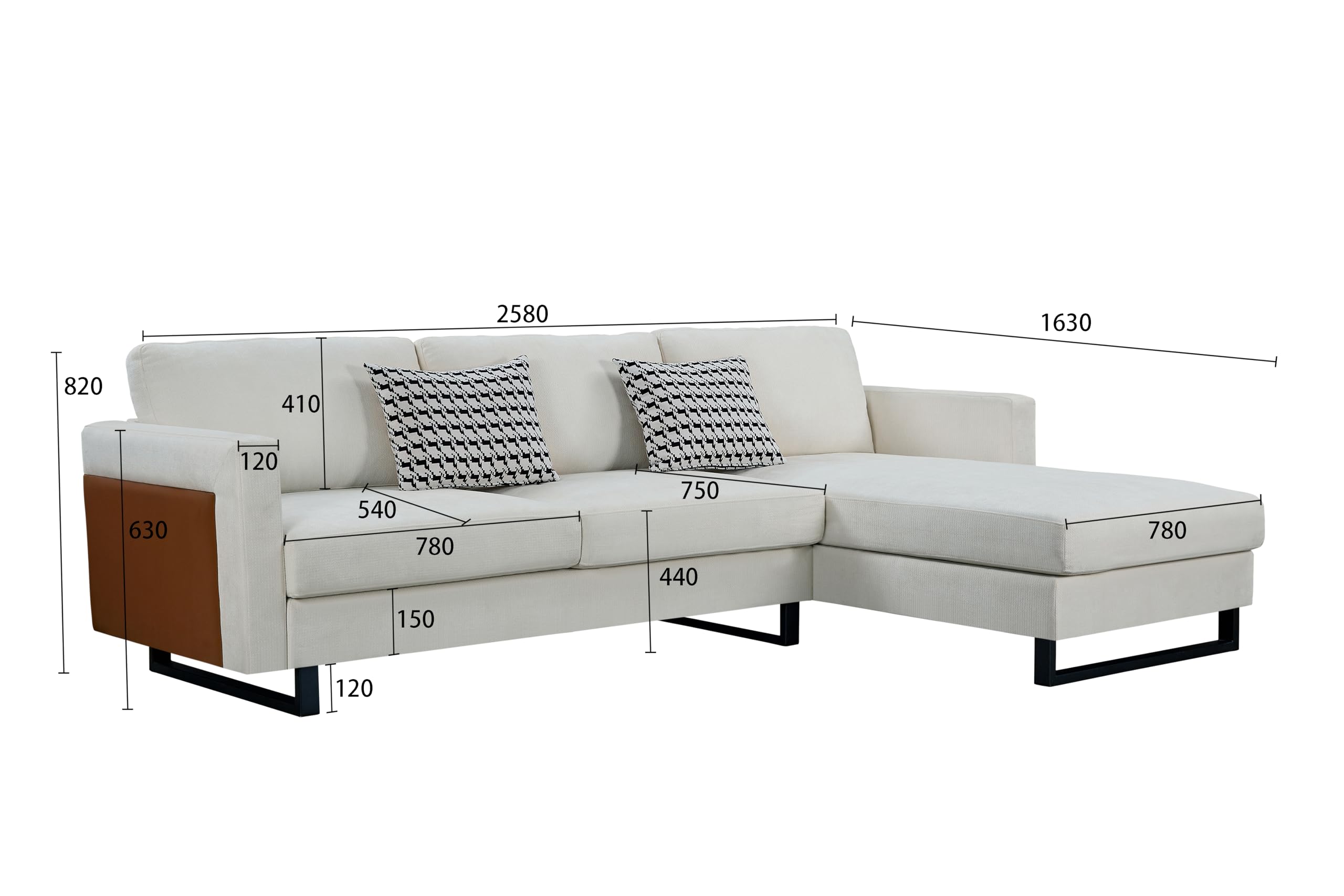 Favfurish Sectional, Convertible L-Shape Sofa Couch with Reversible Armrests,Solid Wood Frame,Chaise Longue,USB Function,for Living Room, Apartment,Studio,Cream White, 100