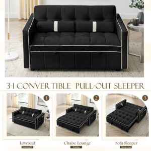 GEEVIVO Pull Out Sofa Bed, 55.5" Loveseat Sleeper Sofa Bed, with Side Pocket Storage, Adjustable Backrest and Waist Pillow, Suitable for Small Space, Living Room, Bedroom, Office(Black)