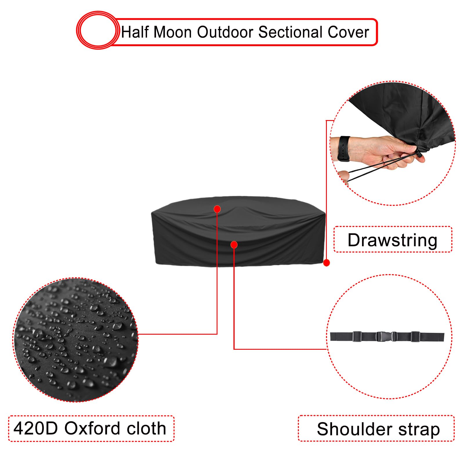 ZHMIZHAM Half Moon Patio Furniture Set Covers, Half Moon Outdoor Sectional Cover Waterproof, Semi Circle Patio Sofa Couch Cover with Drawstring and Adjustable Shoulder Strap (125 * 59 * 30inch,Black)