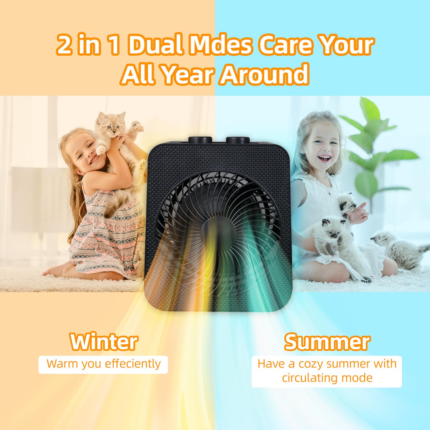 2 in 1 Heater and Fan Combo, 1500W Portable Heaters for Indoor Use with 4 Modes, Tip-over & Overheat Protections, Desk Space Heater and Fan Combo for Office Home Bedroom