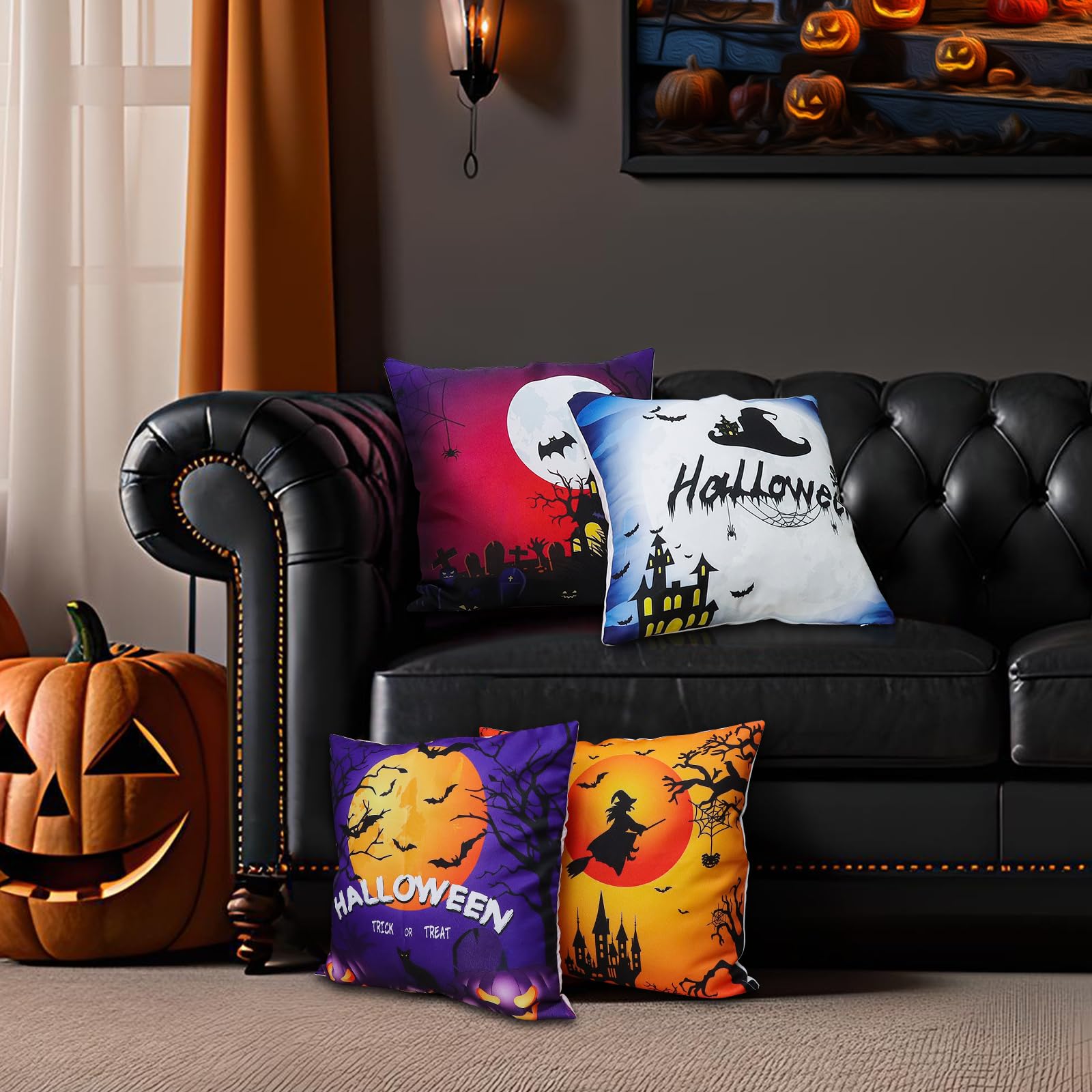 Mordx Halloween Pillow Covers Square 18x18 Set of 4,Fall Decorative Throw Pillow Covers Pillowcase for Happy Halloween Moon Night Bat Crow Spider Web