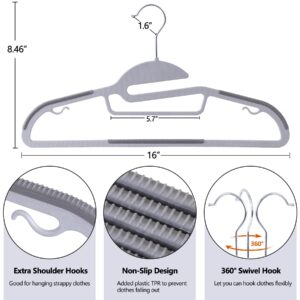 SUPER DEAL 50 Pack Coat Hangers, Heavy-Duty Plastic Suit Hangers, S-Shaped Opening Non Slip Slim Clothes Hangers with Lateral Hooks and Rubber Pads 360 Degree Swivel Hook Space Saving, Grey