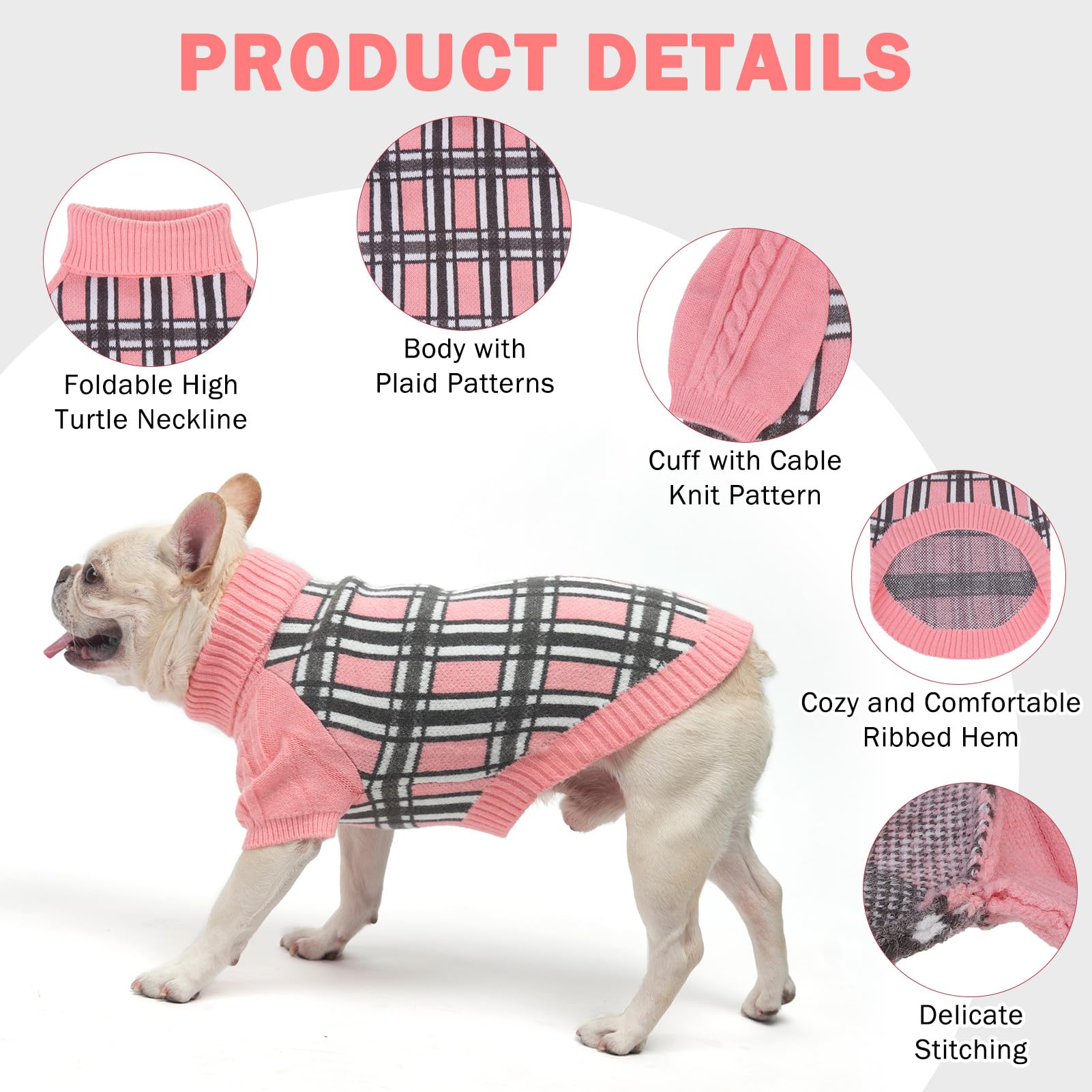 SCENEREAL Small Dog Pullover Sweater, Cold Weather Cable Knitwear, Classic Plaid Turtleneck Thick Warm Dog Clothes for Chihuahua, Bulldog, Dachshund, Pug, S Medium Dogs