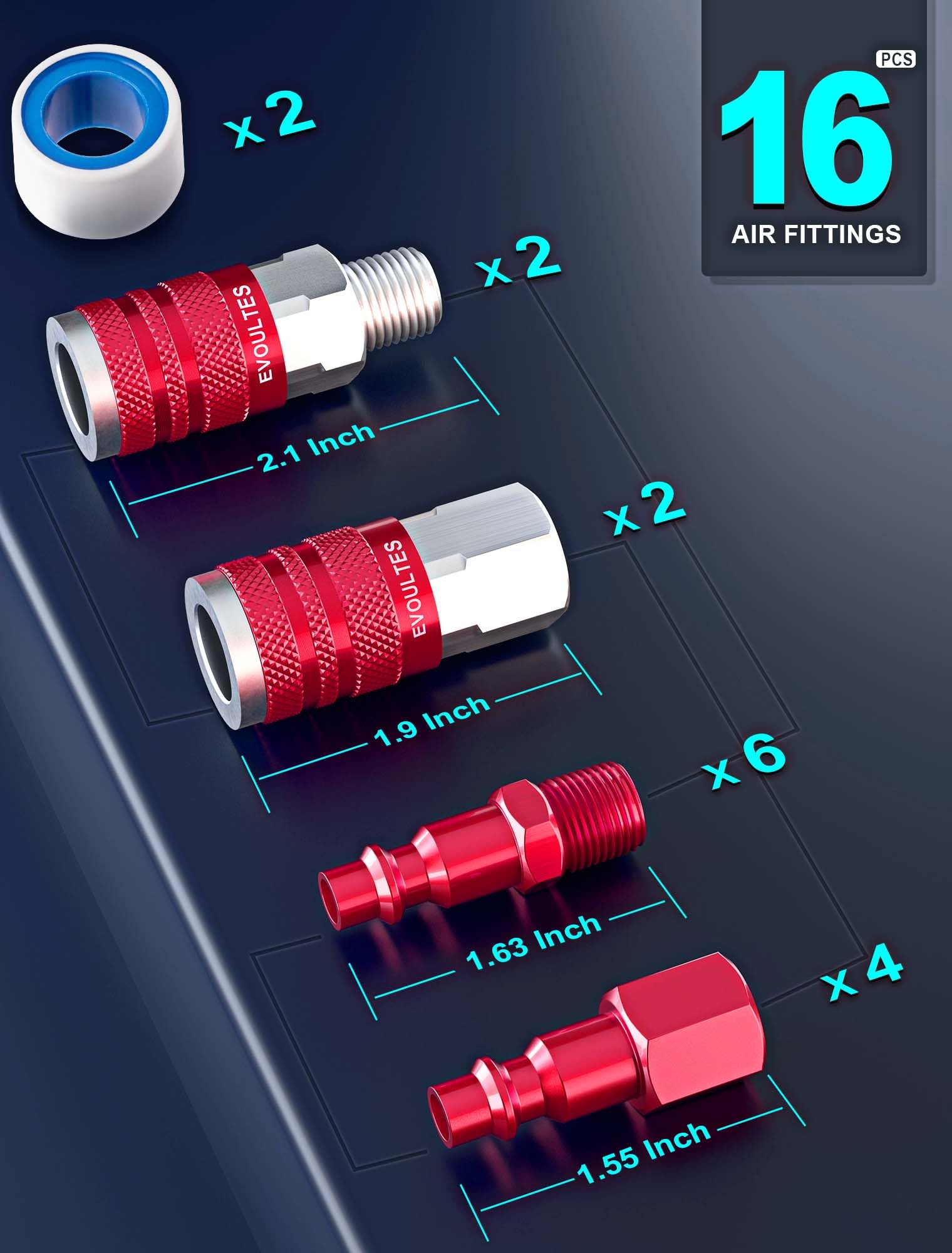 EVOULTES 16 Pieces Universal 1/4" NPT Air Hose Fittings & Air Coupler Kit, Lightweight Aluminium Air Fittings Kit with Quick Connect Air Plug, Pneumatic Air Tool Fitting for Air Compressor Accessories