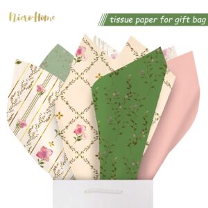 NICROHOME EUR 24 Sheets Sage Green Tissue Paper, Pink Small Gifts Floral Tissue Wrapping Paper for Christmas Crafts, Flower Bouquet Wrap, Wedding, Bridal Shower Gifts Bags (15 X 20 Inch)