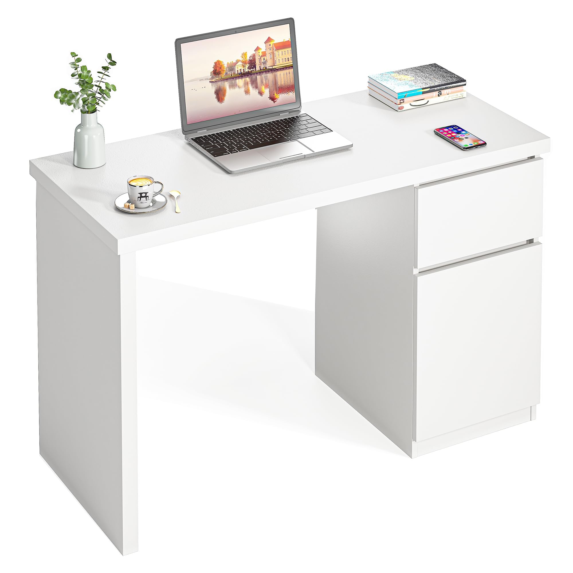 furtble White Desk with Drawers, 43 Inch Small Cute Desk for Bedroom, Home Office PC Desk Workstation Study Table Desk with Storage, White