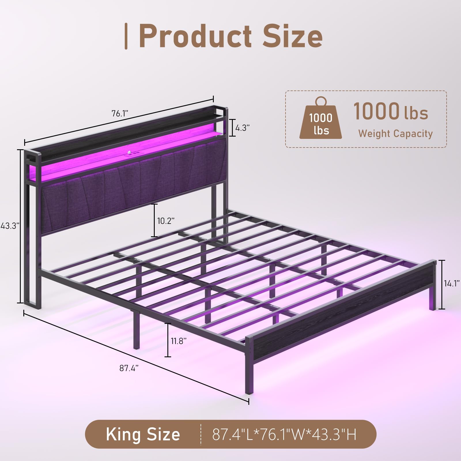 Albott King Size LED Bed Frame with Linen Upholstered Headboard, Platform Bed with 2-Tier Storage Headboard & Charging Station, Heavy Duty Metal Slats, No Box Spring Needed, Black