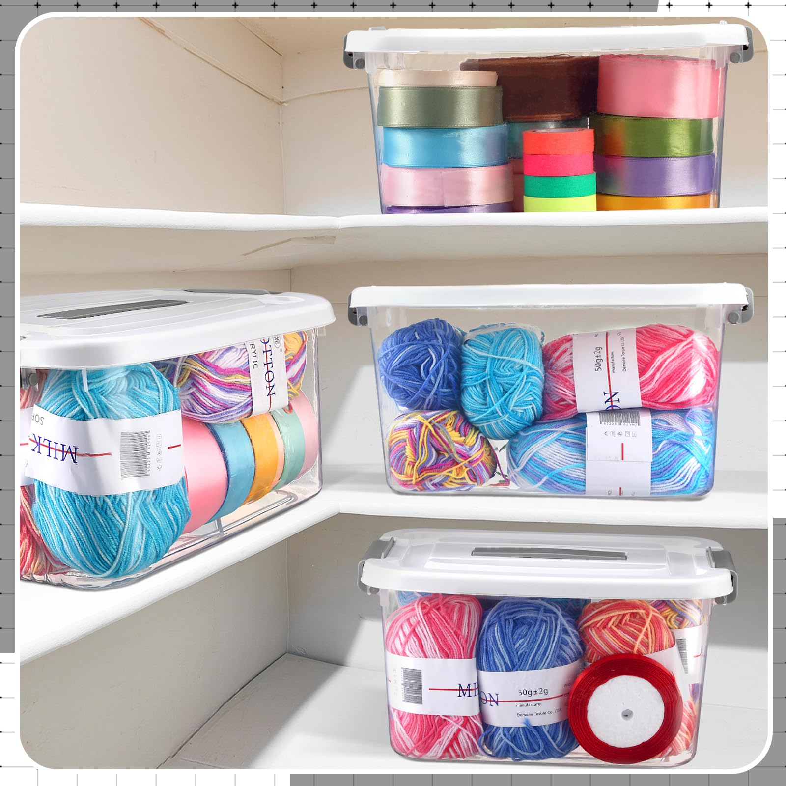 CroBlissful 2 Pcs Tall Yarn Storage Organizer Plastic Storage Bins with Lids Ribbon Organizer Clear Stackable Crochet Storage Container Holder for Thread Beads Ribbon Glitter Yarn