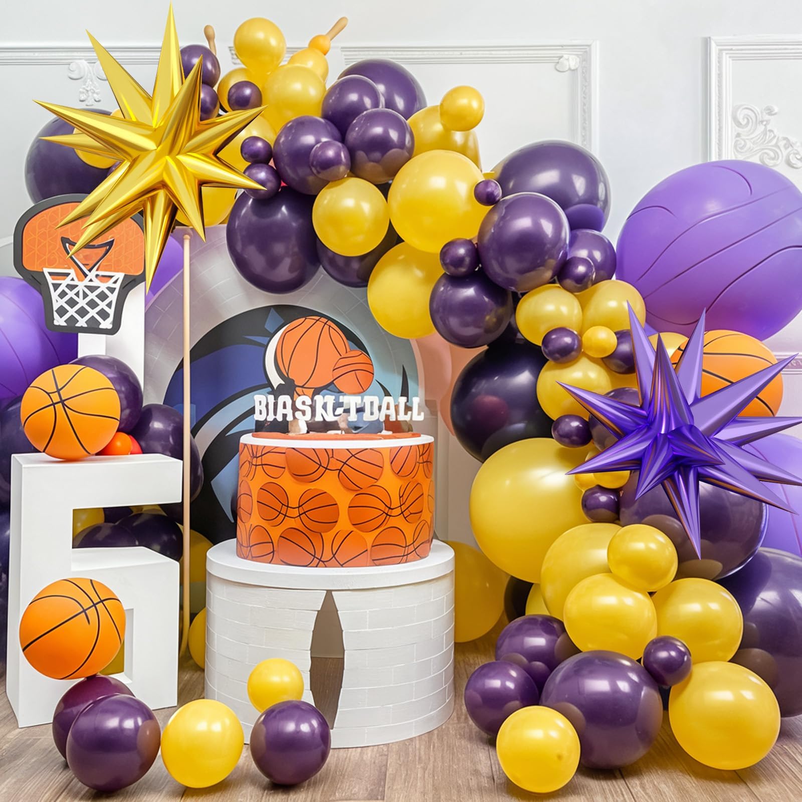 Purple and Yellow Balloon Arch Kit,Basketball Balloons with Gold Purple Star Foil Balloons,for Boys Basketball Party Sport Theme Birthday Graduation Anniversary Wedding Baby Shower Decorations