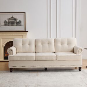 Tufted 3 Seater Sofa Couch, Rolled Arms Mid Century Modern Sofa, Home Sofa Living Room with Rivets, and Solid Wood Legs, Modern couches for Living Room, Bedroom, Guestroom, Apartment, Beige