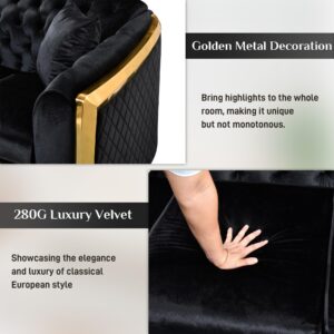 Mid Century Modern Chesterfield Sofa Couch, 81" Velvet Couch Chesterfield Sofa Luxury Upholstery Curved Sofas for Living Room, 3 Seat Tufted Sofa Furniture with 2 Pillows & Classic Gold Legs, Black