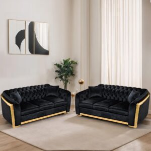 Mid Century Modern Chesterfield Sofa Couch, 81" Velvet Couch Chesterfield Sofa Luxury Upholstery Curved Sofas for Living Room, 3 Seat Tufted Sofa Furniture with 2 Pillows & Classic Gold Legs, Black