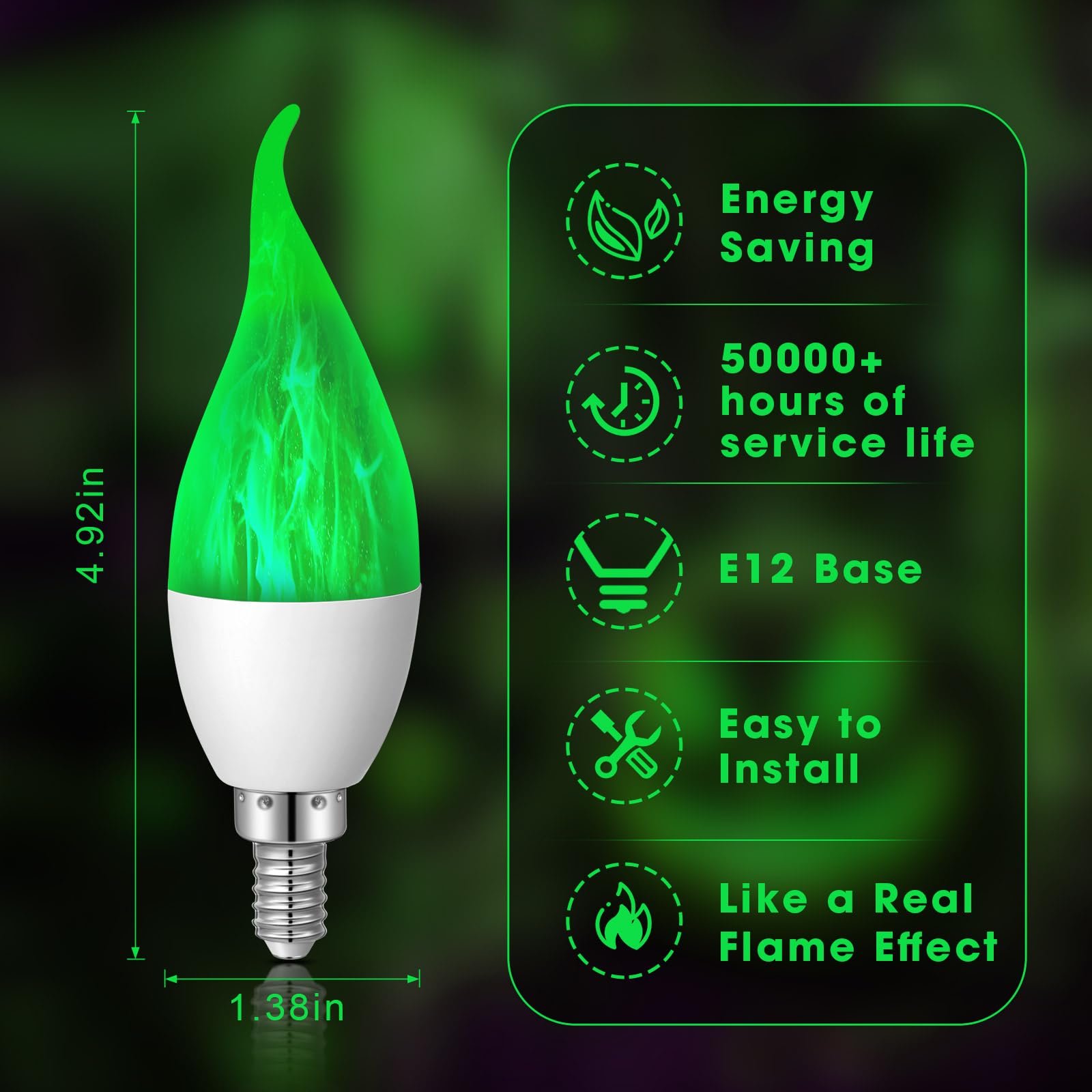 VIHOSE Halloween 6 Pack E12 LED Flickering Light Bulbs Candle Light Bulbs Chandelier Light Bulbs Fire Light Bulb LED Candle Bulbs for Christmas Xmas Party Porch Indoor Decoration(Green)